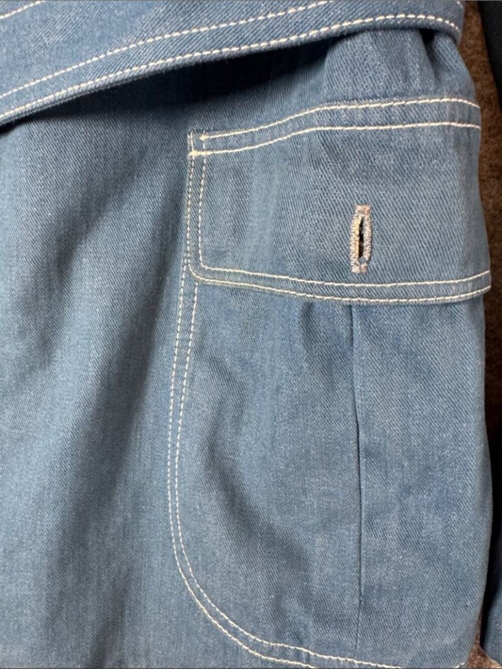 Vintage Belted Denim Jacket Blue Size 44 Mod Retro Utility Blazer Shacket Unisex - Picture 5 of 15
